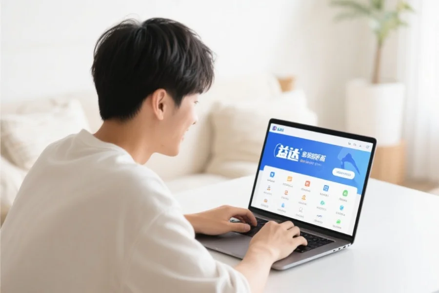 一位年轻用户在明亮舒适的室内环境中愉快地使用笔记本电脑，屏幕上展示杏鑫客户端新版界面